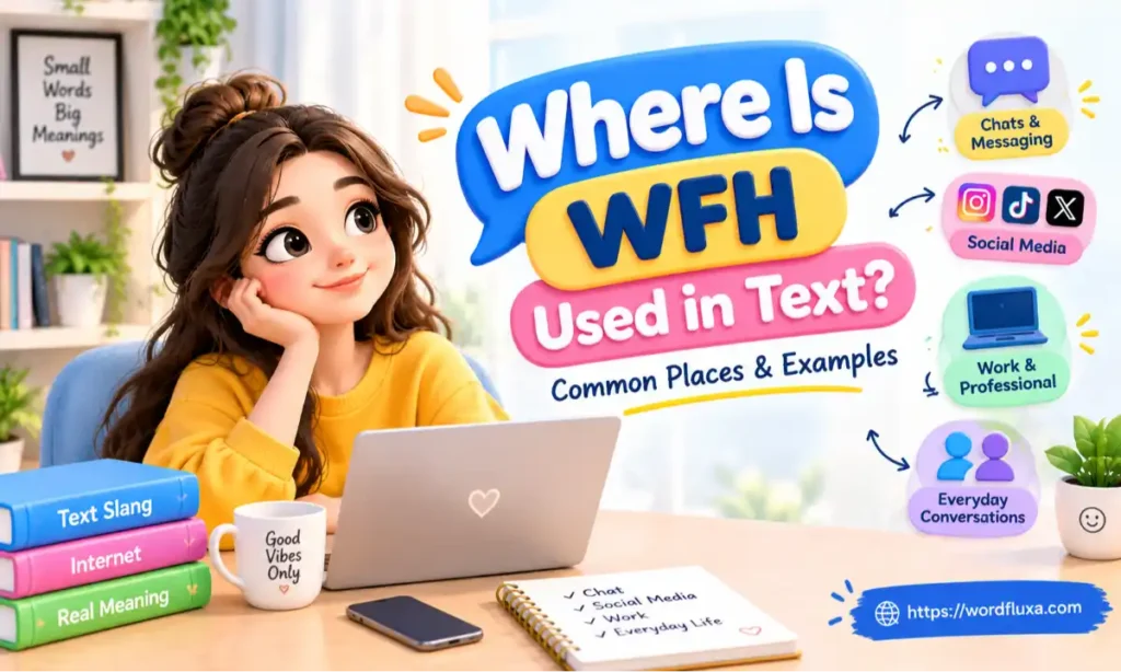 Illustration explaining what does WFH mean in text and where WFH is used in chats, social media and work messages