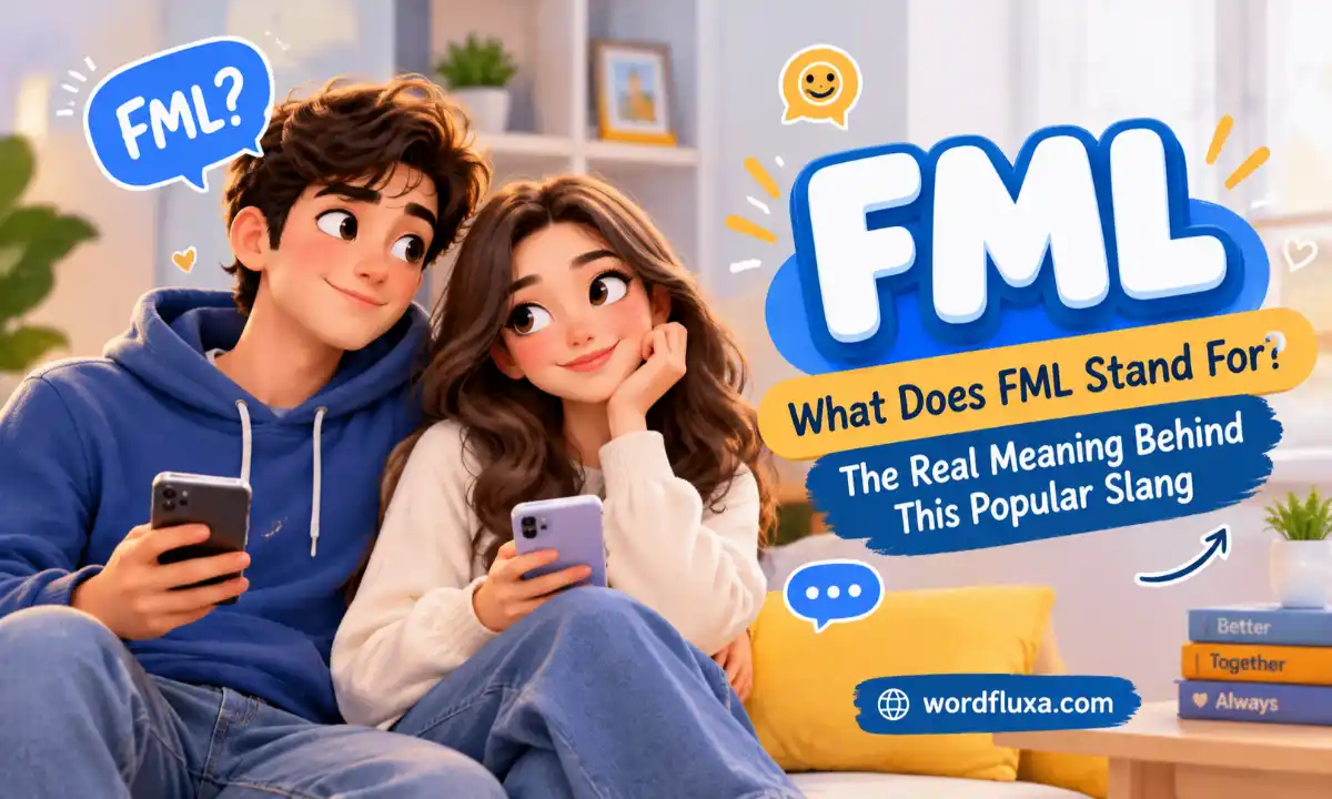 FML meaning with a cute couple texting on phones.