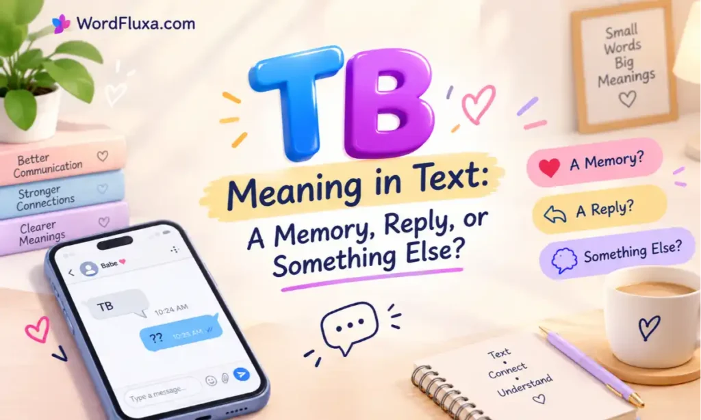 WordFluxa TB meaning in text explained with colorful 3D typography, smartphone messaging illustration, and chat symbols.