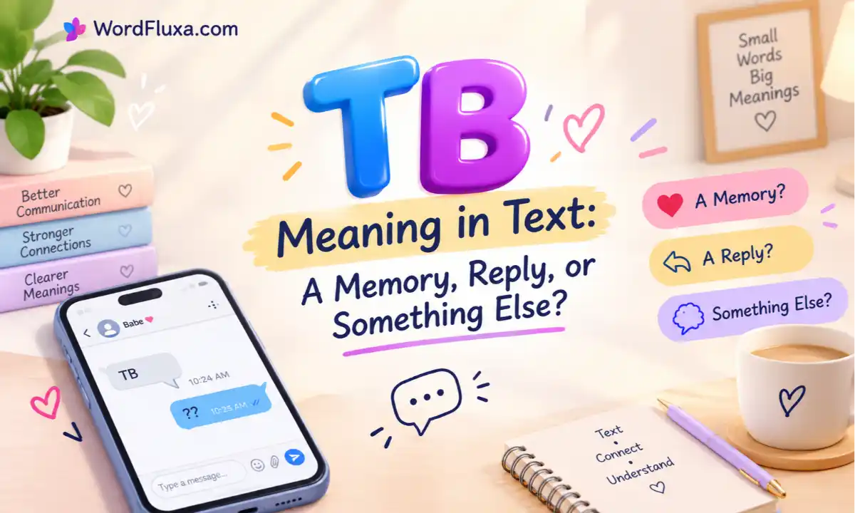 WordFluxa TB meaning in text explained with colorful 3D typography, smartphone messaging illustration, and chat symbols.